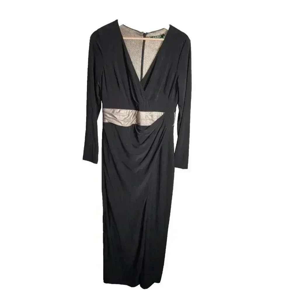 LAUREN RALPH LAUREN Gold/Black Jersey Wrap Gown Side slit Size 10P NWT MSRP $194